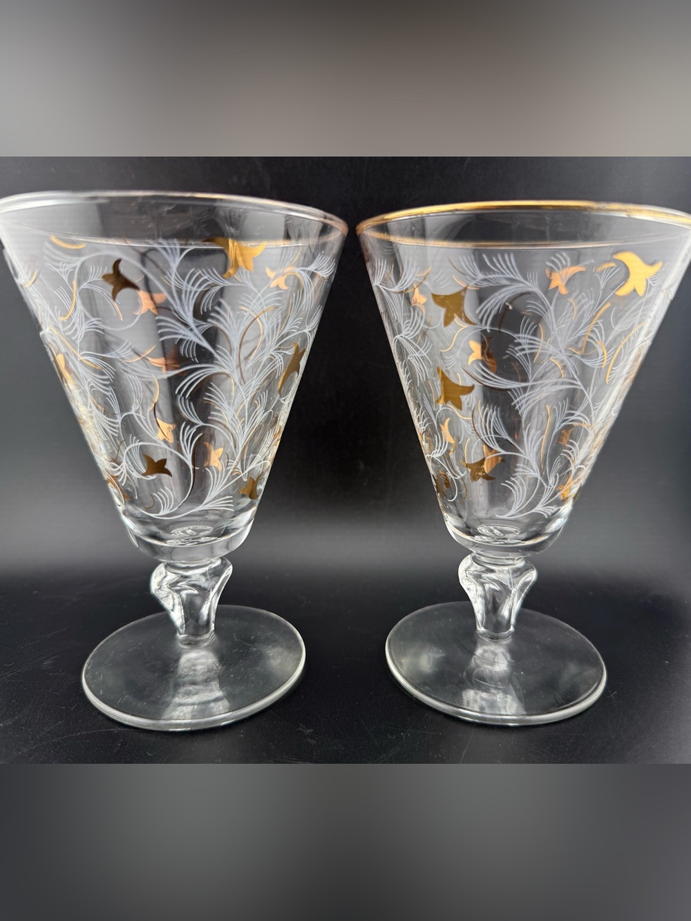 2 Libbey glasses Royal Fern tulip gold and white leaves. 8oz